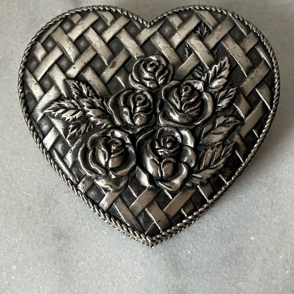 Silver pewter vintage heart shaped trinket box